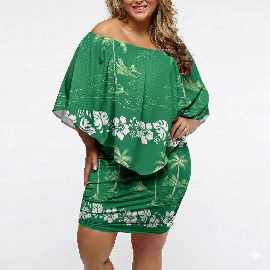 Green Hawaii Palm Tree Hibiscus Off Shoulder Short Dress Fantasy Summer Vibe