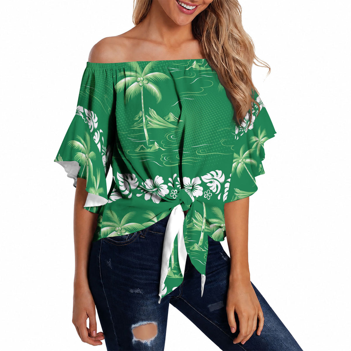 Green Hawaii Palm Tree Hibiscus Off Shoulder Wrap Waist Top Fantasy Summer Vibe