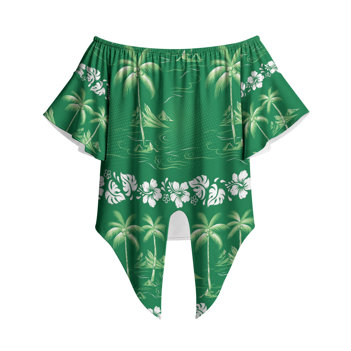 Green Hawaii Palm Tree Hibiscus Off Shoulder Wrap Waist Top Fantasy Summer Vibe