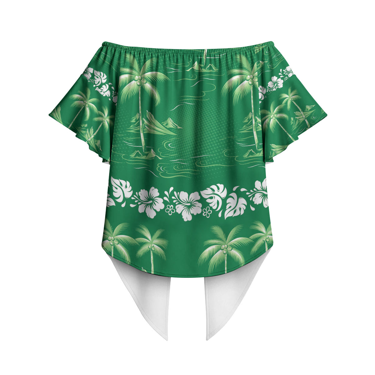 Green Hawaii Palm Tree Hibiscus Off Shoulder Wrap Waist Top Fantasy Summer Vibe