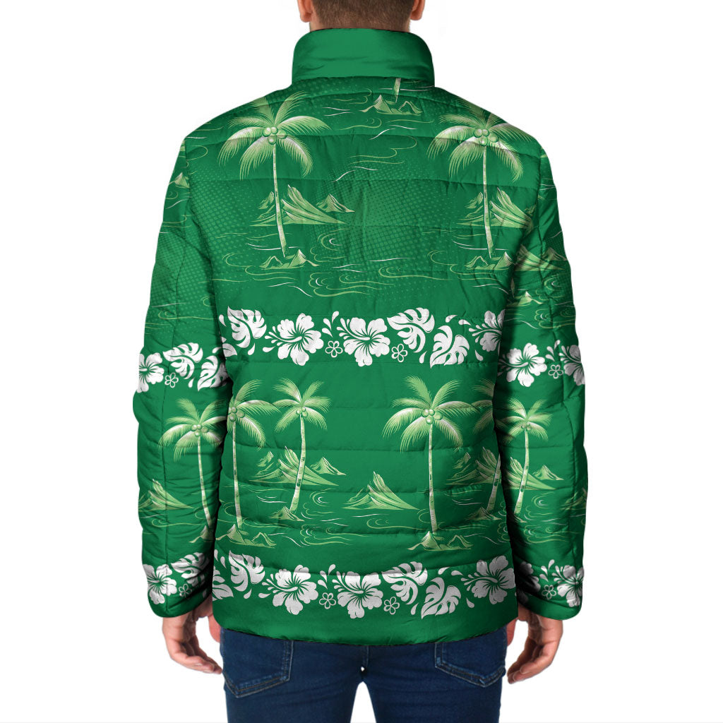 Green Hawaii Palm Tree Hibiscus Padded Jacket Fantasy Summer Vibe