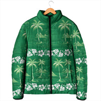 Green Hawaii Palm Tree Hibiscus Padded Jacket Fantasy Summer Vibe