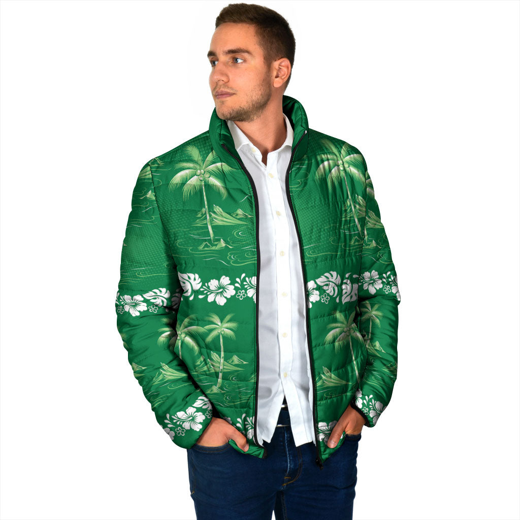 Green Hawaii Palm Tree Hibiscus Padded Jacket Fantasy Summer Vibe
