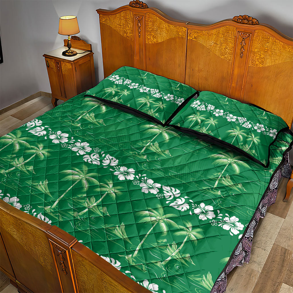 Green Hawaii Palm Tree Hibiscus Quilt Bed Set Fantasy Summer Vibe LT01 - Polynesian Pride
