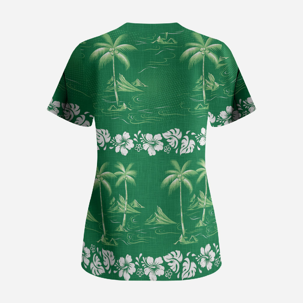 Green Hawaii Palm Tree Hibiscus Scrub Top Fantasy Summer Vibe LT01 - Polynesian Pride