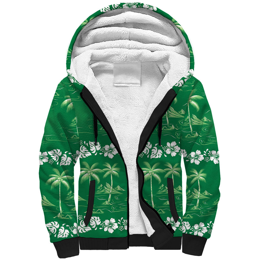 Green Hawaii Palm Tree Hibiscus Sherpa Hoodie Fantasy Summer Vibe