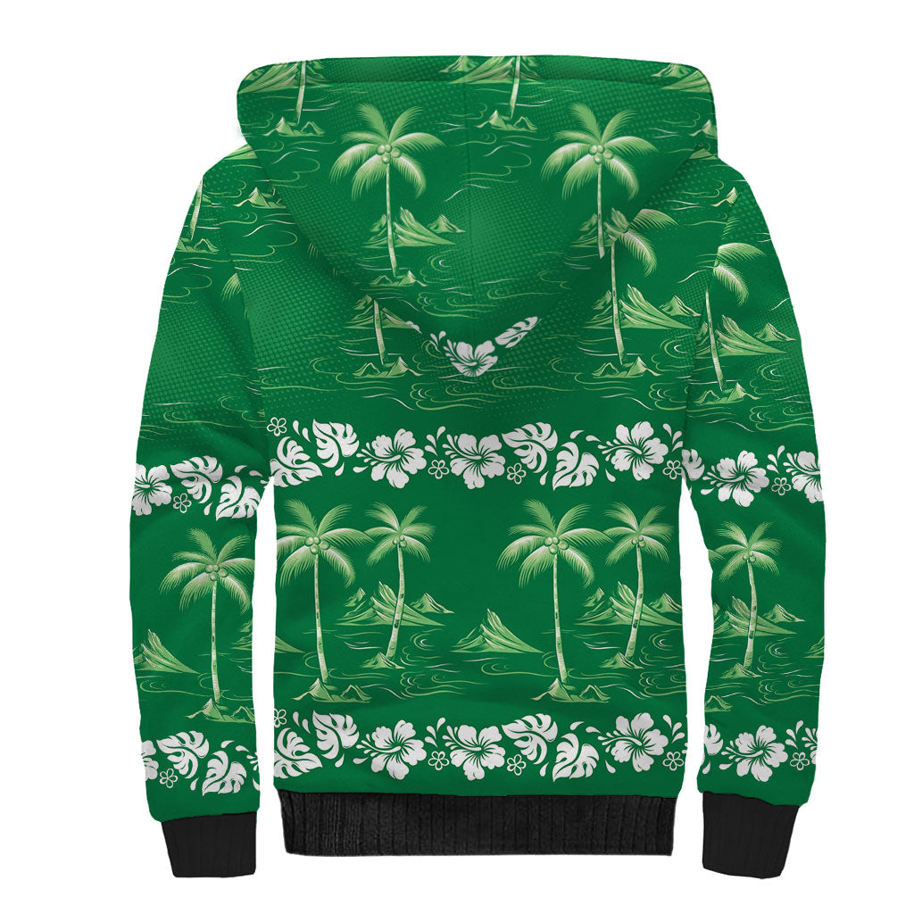 Green Hawaii Palm Tree Hibiscus Sherpa Hoodie Fantasy Summer Vibe