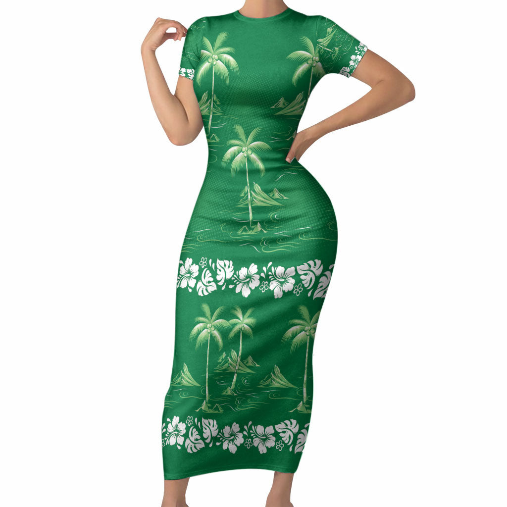 Green Hawaii Palm Tree Hibiscus Short Sleeve Bodycon Dress Fantasy Summer Vibe
