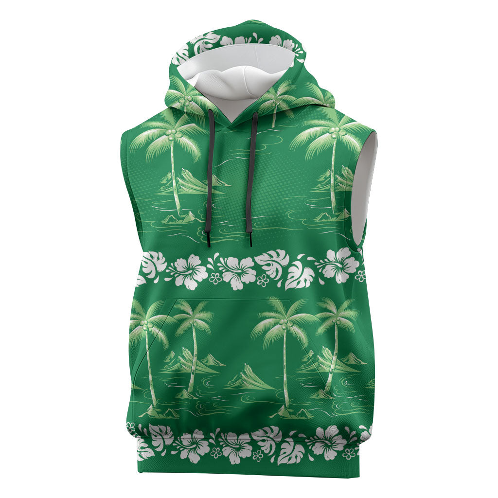 Green Hawaii Palm Tree Hibiscus Sleeveless Hoodie Fantasy Summer Vibe LT01 Green - Polynesian Pride