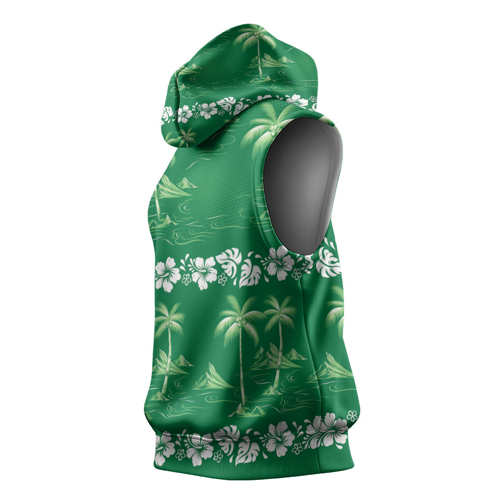 Green Hawaii Palm Tree Hibiscus Sleeveless Hoodie Fantasy Summer Vibe LT01 - Polynesian Pride