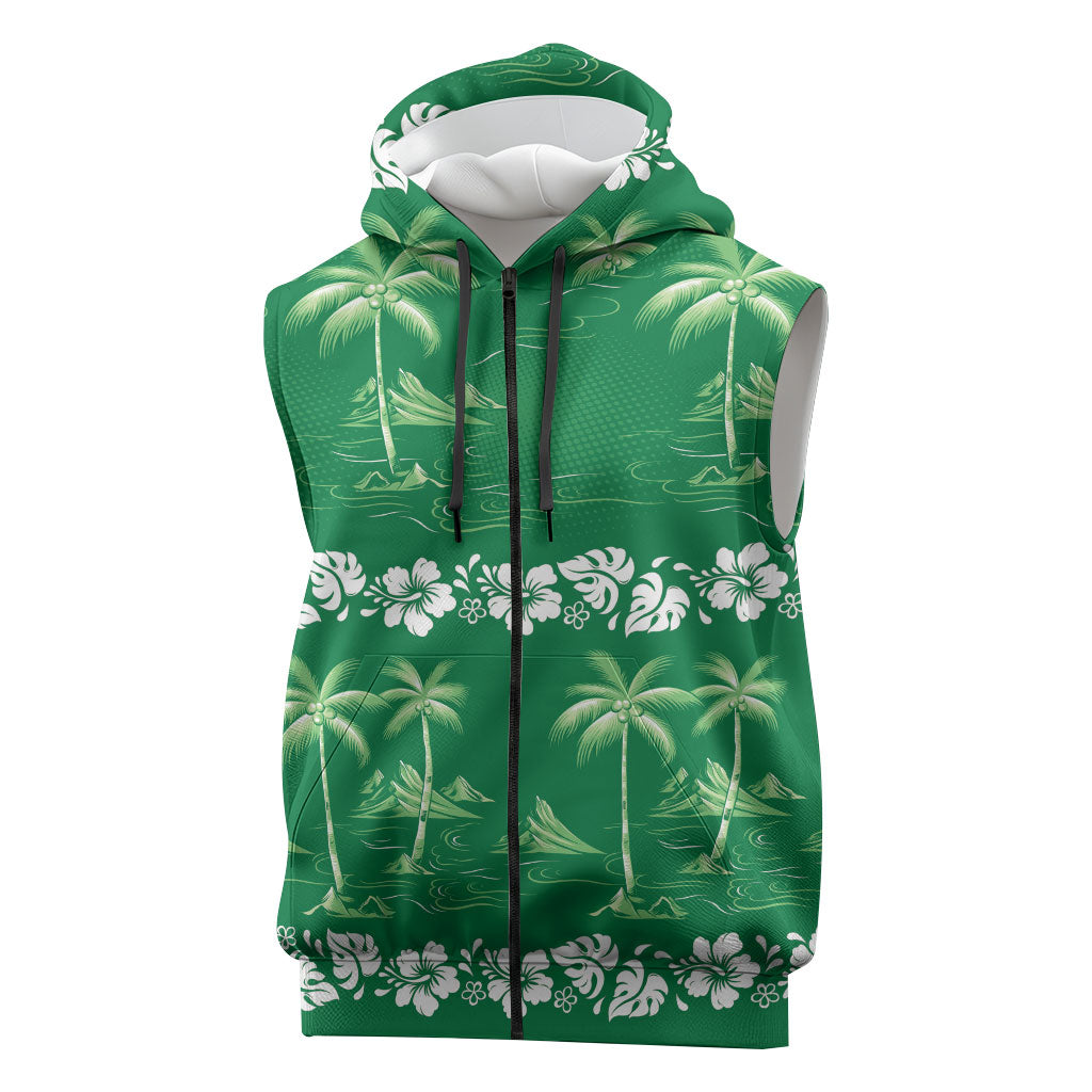 Green Hawaii Palm Tree Hibiscus Sleeveless Zip Hoodie Fantasy Summer Vibe LT01 Green - Polynesian Pride