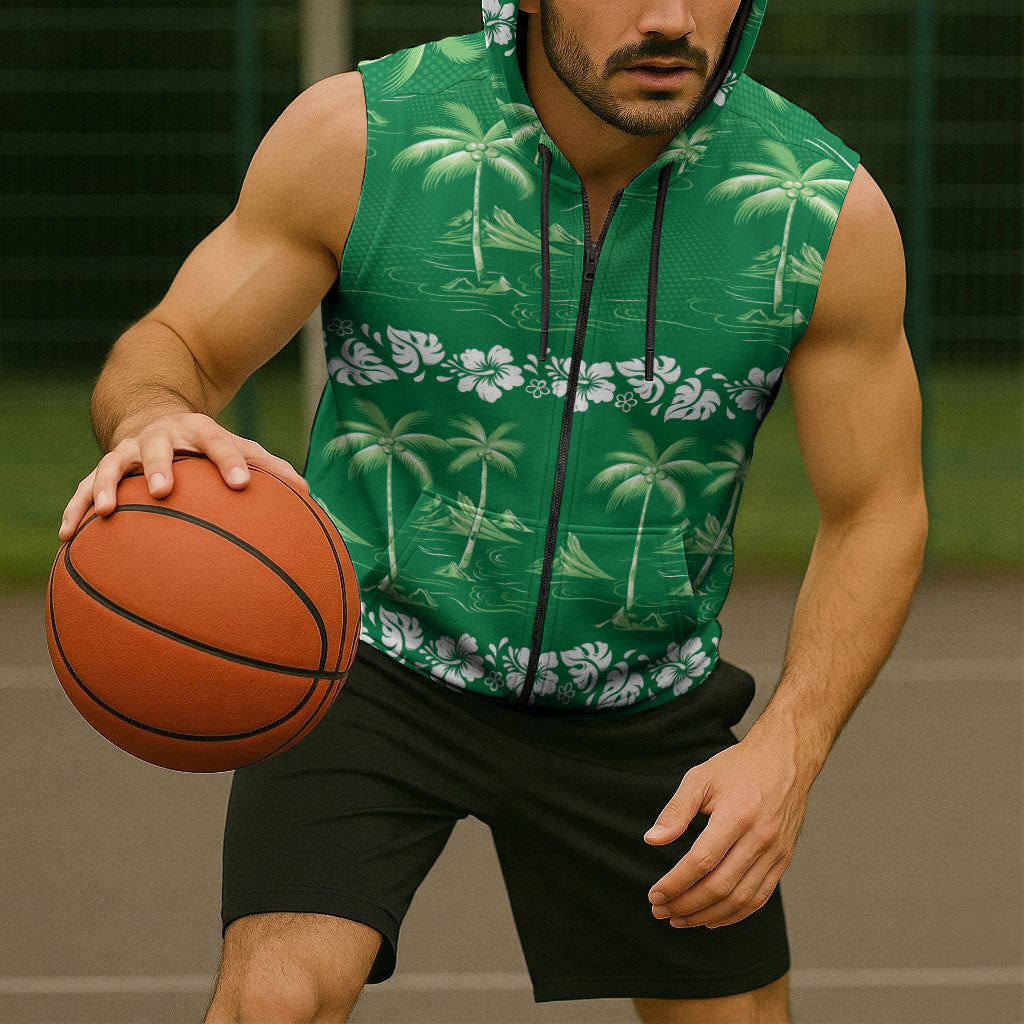 Green Hawaii Palm Tree Hibiscus Sleeveless Zip Hoodie Fantasy Summer Vibe LT01 - Polynesian Pride