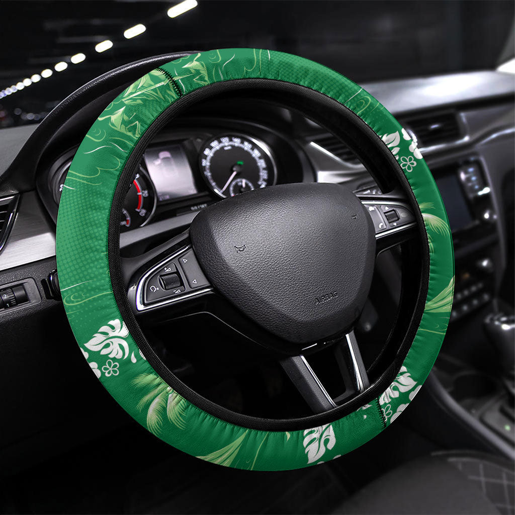 Green Hawaii Palm Tree Hibiscus Steering Wheel Cover Fantasy Summer Vibe LT01 Universal Fit Green - Polynesian Pride