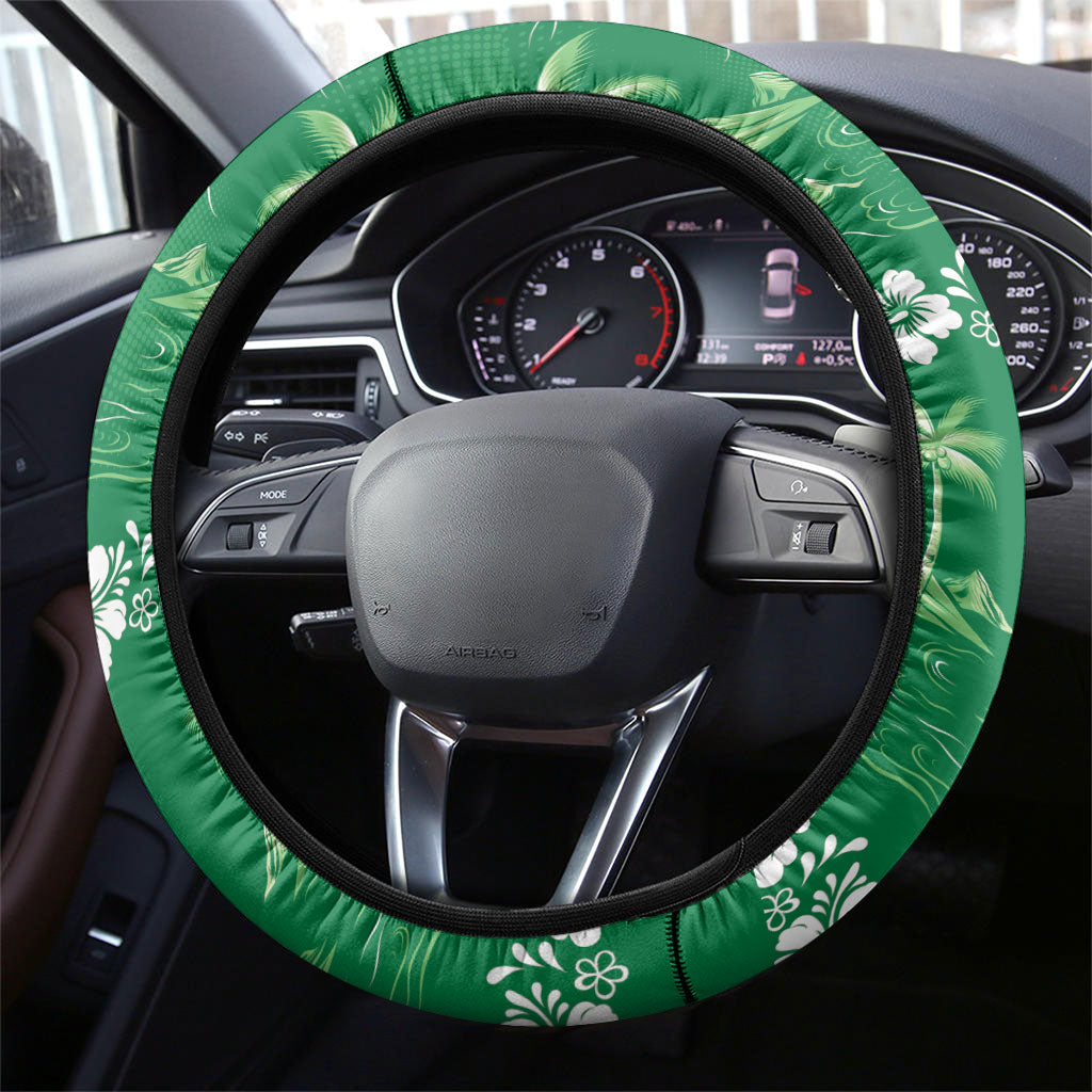 Green Hawaii Palm Tree Hibiscus Steering Wheel Cover Fantasy Summer Vibe LT01 - Polynesian Pride