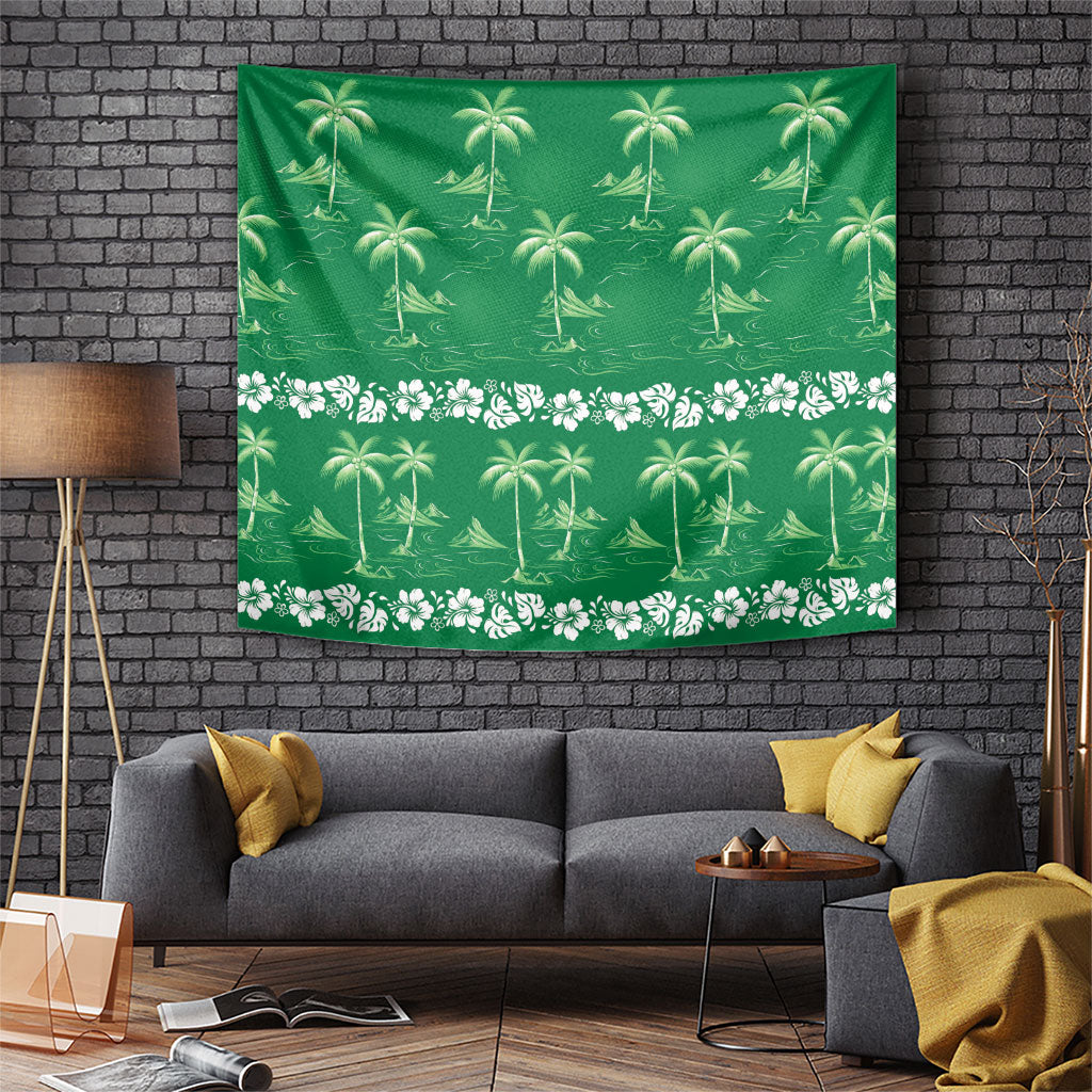 Green Hawaii Palm Tree Hibiscus Tapestry Fantasy Summer Vibe