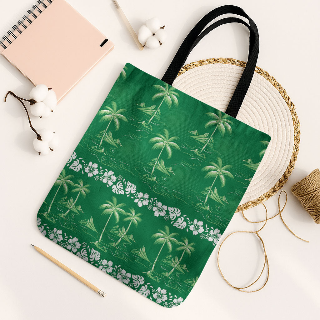 Green Hawaii Palm Tree Hibiscus Tote Bag Fantasy Summer Vibe