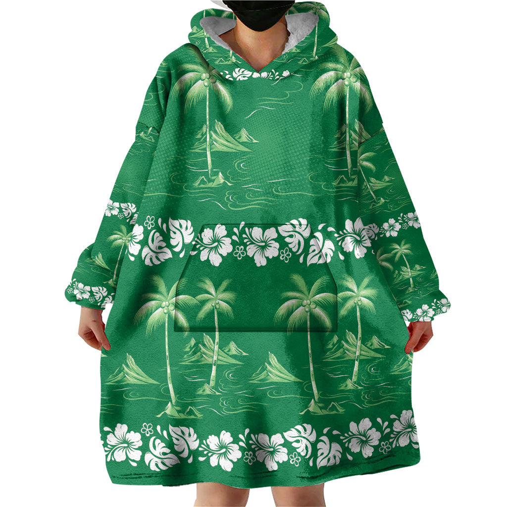 Green Hawaii Palm Tree Hibiscus Wearable Blanket Hoodie Fantasy Summer Vibe