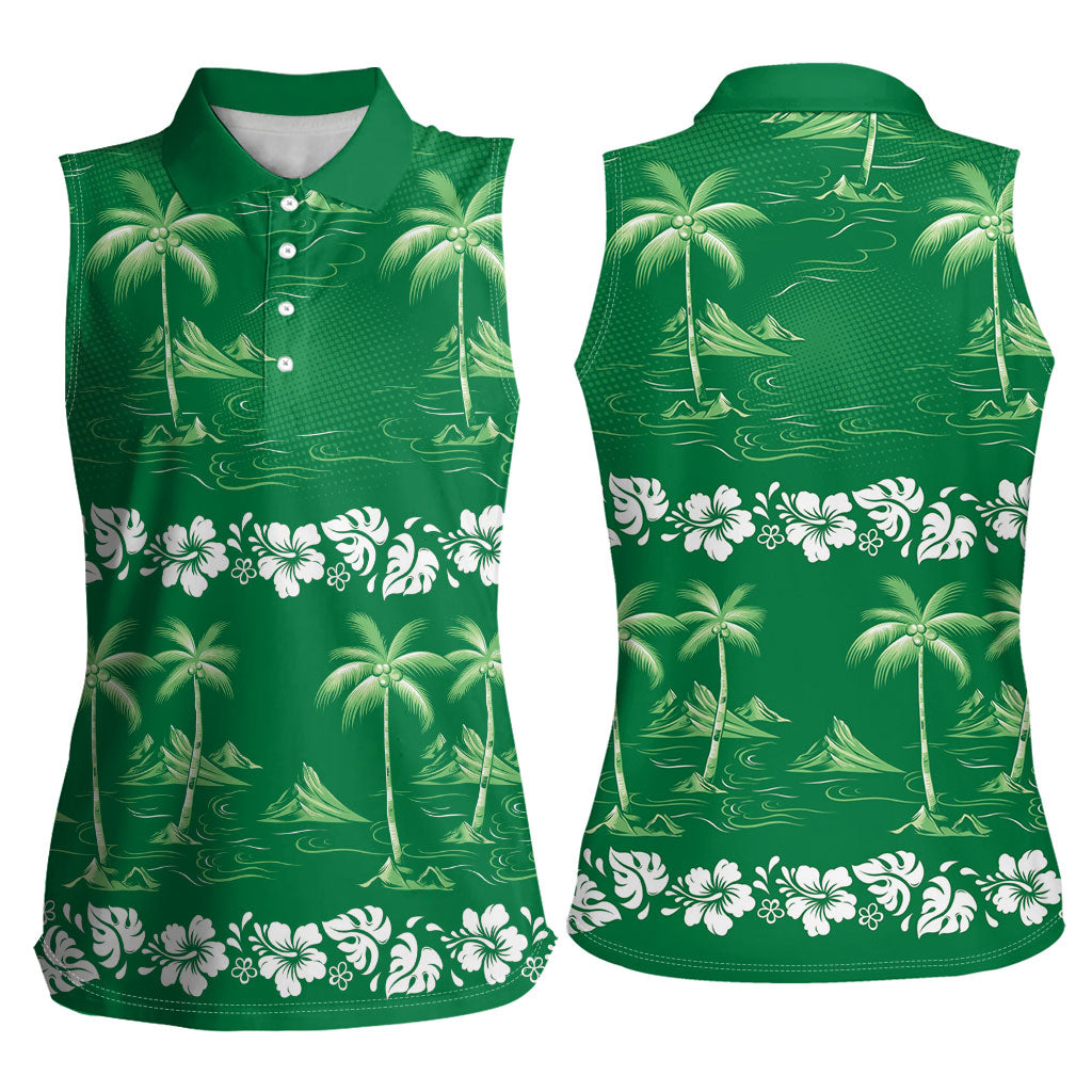 Green Hawaii Palm Tree Hibiscus Women Sleeveless Polo Shirt Fantasy Summer Vibe LT01 - Polynesian Pride