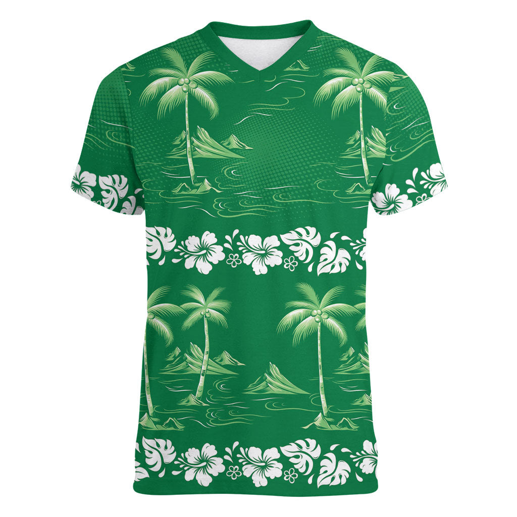 Green Hawaii Palm Tree Hibiscus Women V-Neck T-Shirt Fantasy Summer Vibe