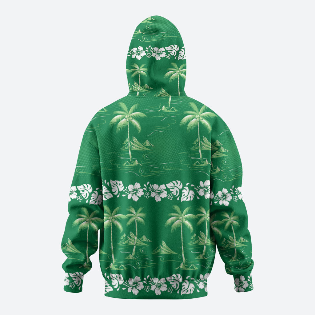 Green Hawaii Palm Tree Hibiscus Zip Hoodie Fantasy Summer Vibe