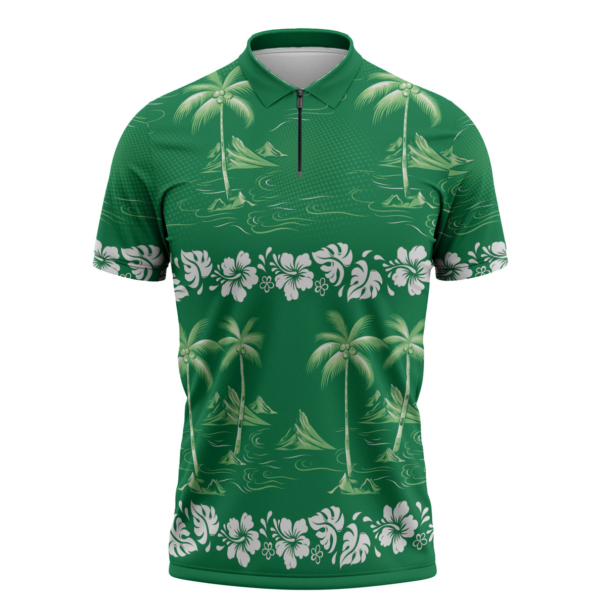 Green Hawaii Palm Tree Hibiscus Zipper Polo Shirt Fantasy Summer Vibe