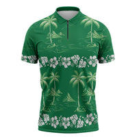Green Hawaii Palm Tree Hibiscus Zipper Polo Shirt Fantasy Summer Vibe