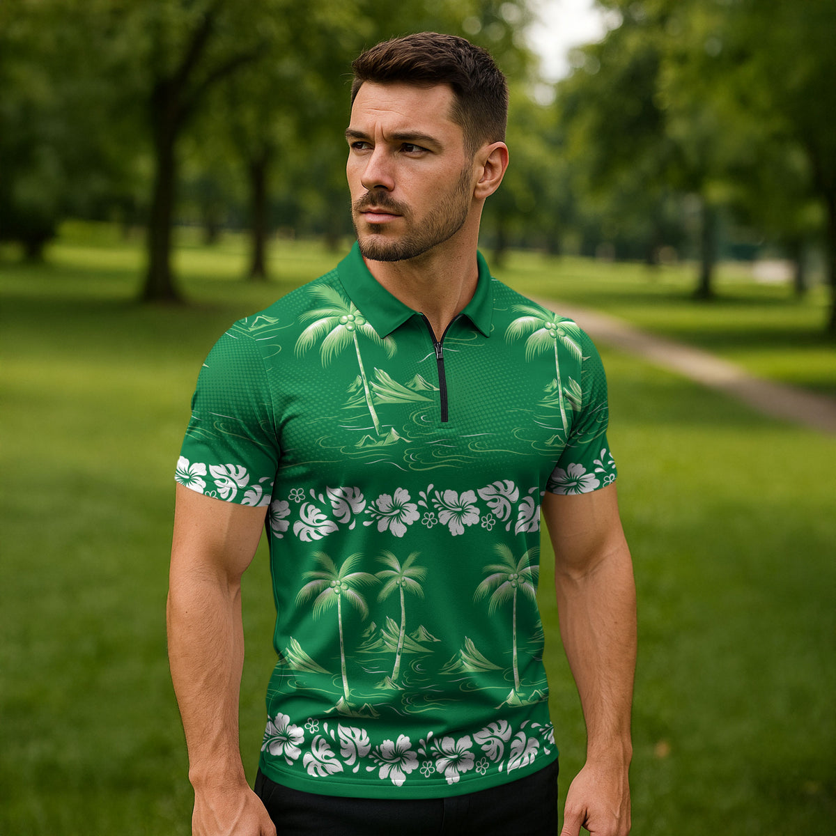Green Hawaii Palm Tree Hibiscus Zipper Polo Shirt Fantasy Summer Vibe