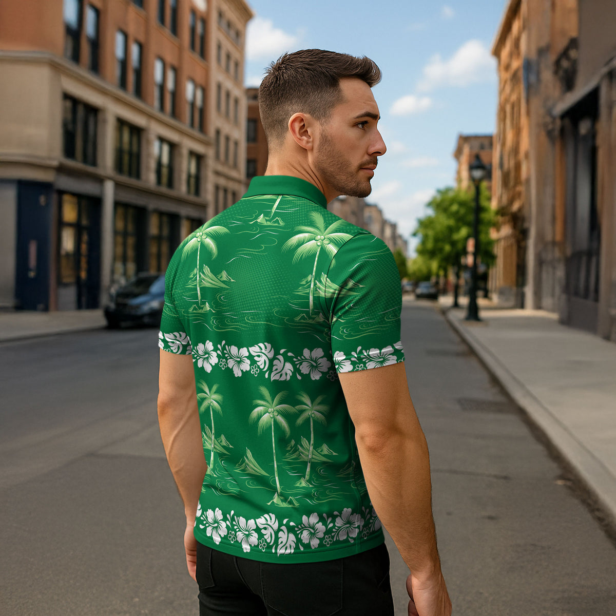 Green Hawaii Palm Tree Hibiscus Zipper Polo Shirt Fantasy Summer Vibe