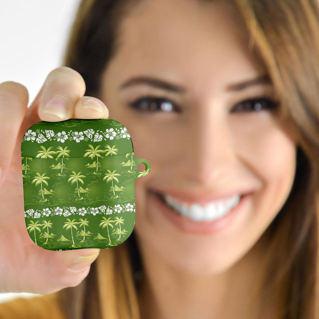 Olive Green Hawaii Palm Tree Hibiscus AirPods Case Fantasy Summer Vibe