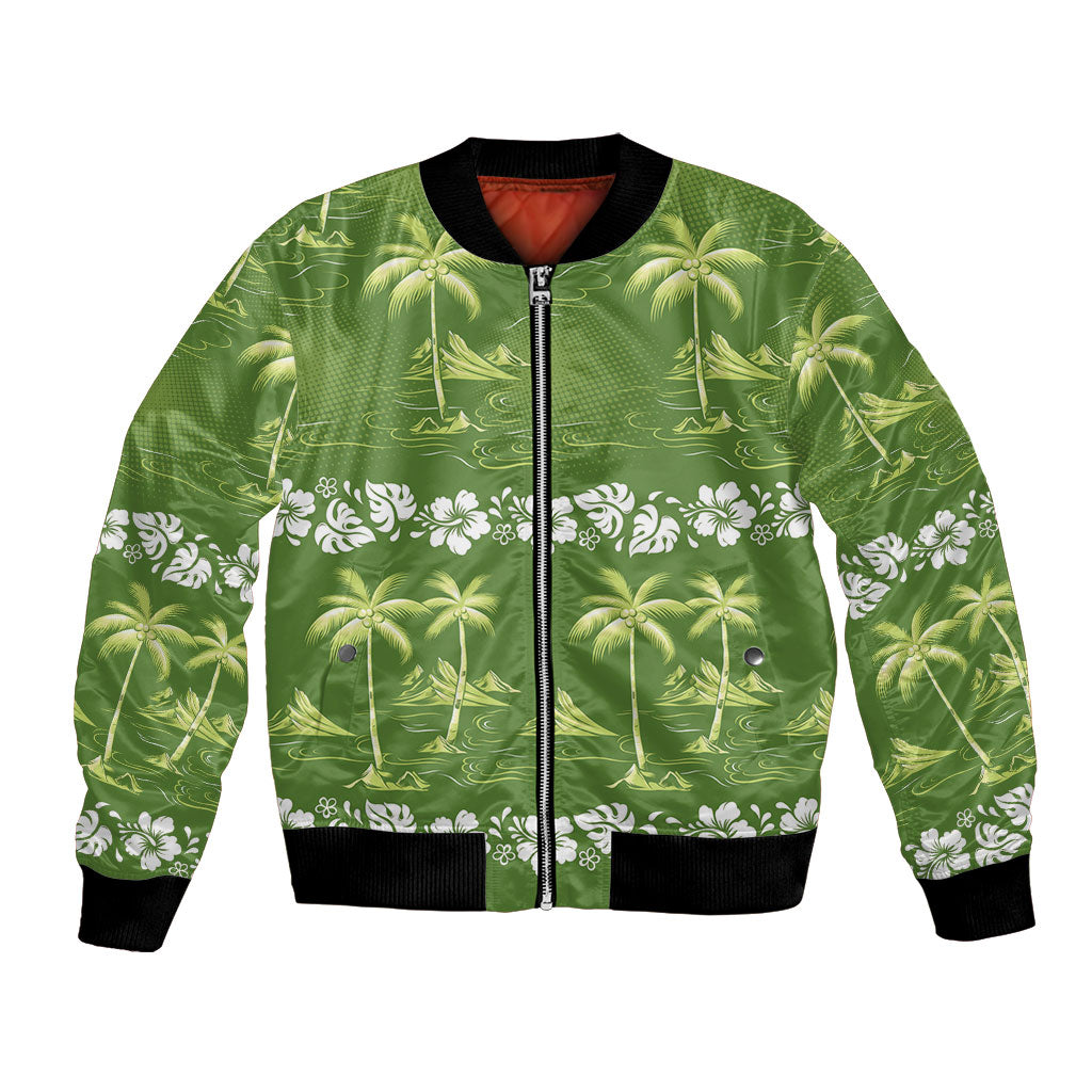 Olive Green Hawaii Palm Tree Hibiscus Bomber Jacket Fantasy Summer Vibe