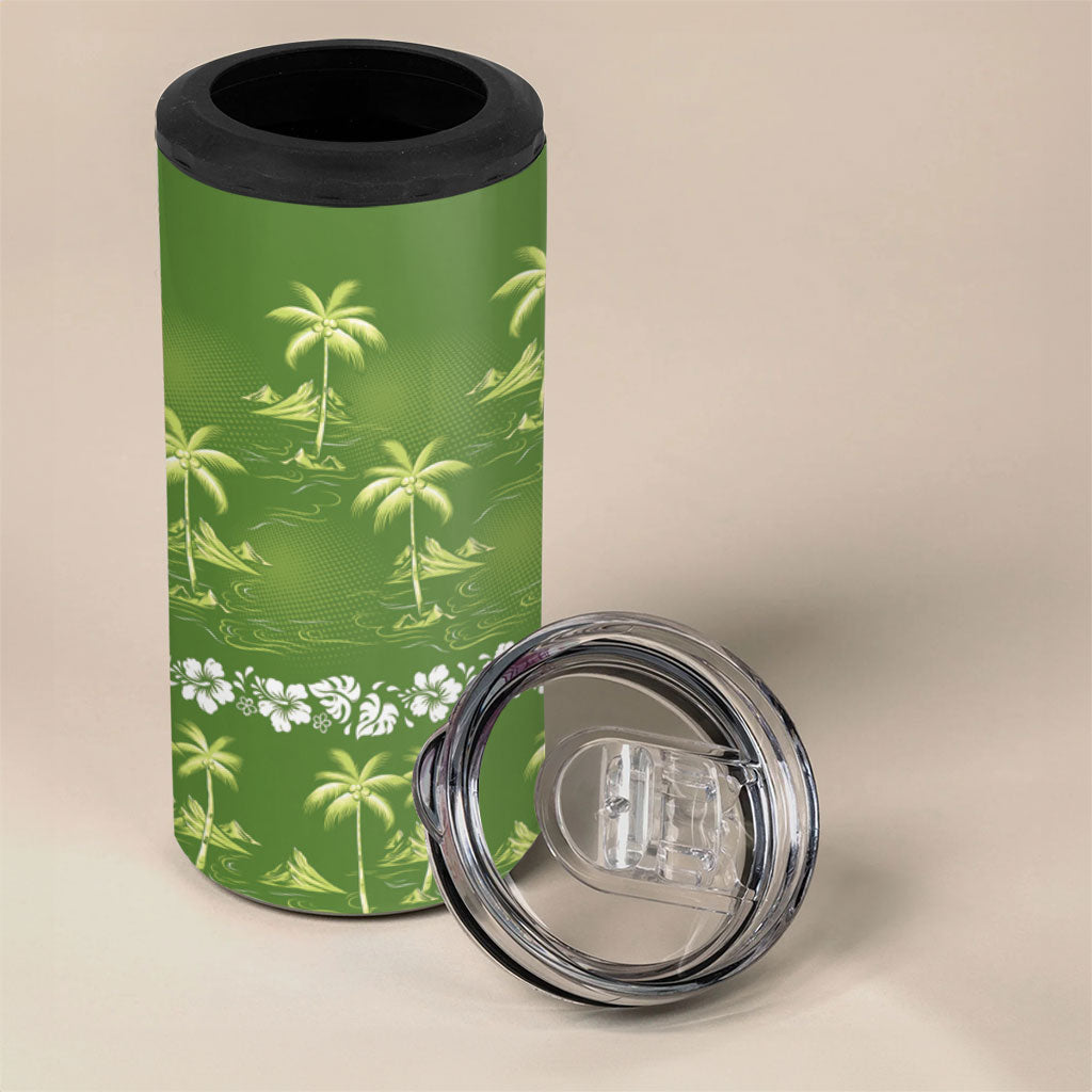 Olive Green Hawaii Palm Tree Hibiscus 4 in 1 Can Cooler Tumbler Fantasy Summer Vibe