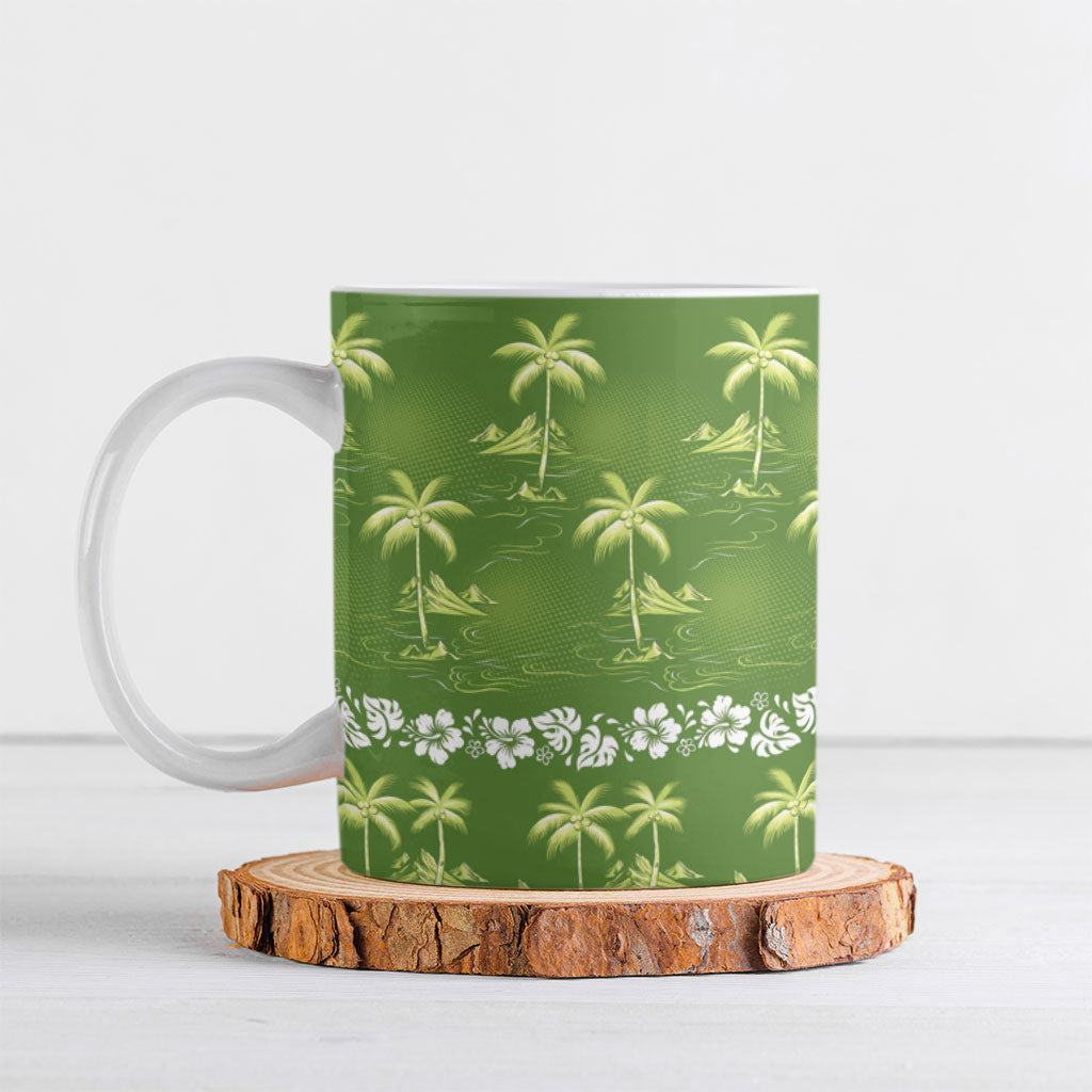 Olive Green Hawaii Palm Tree Hibiscus Ceramic Mug Fantasy Summer Vibe