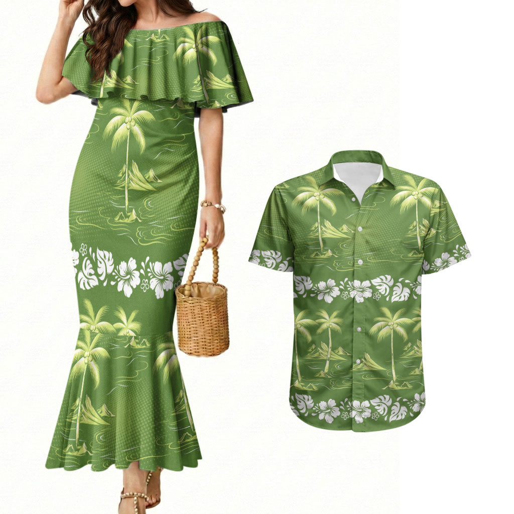 Olive Green Hawaii Palm Tree Hibiscus Couples Matching Mermaid Dress and Hawaiian Shirt Fantasy Summer Vibe LT01 Olive - Polynesian Pride