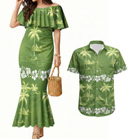 Olive Green Hawaii Palm Tree Hibiscus Couples Matching Mermaid Dress and Hawaiian Shirt Fantasy Summer Vibe LT01 Olive - Polynesian Pride