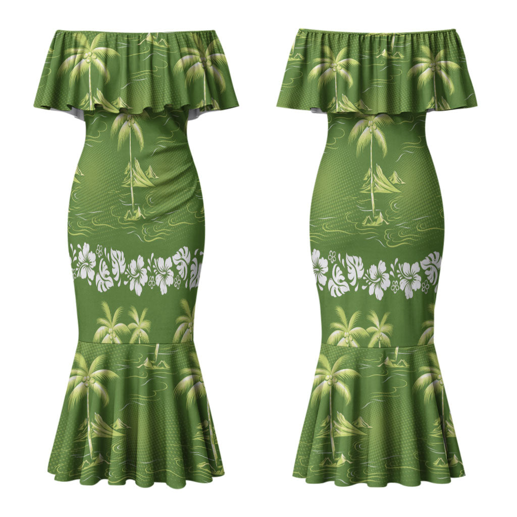 Olive Green Hawaii Palm Tree Hibiscus Couples Matching Mermaid Dress and Hawaiian Shirt Fantasy Summer Vibe LT01 - Polynesian Pride