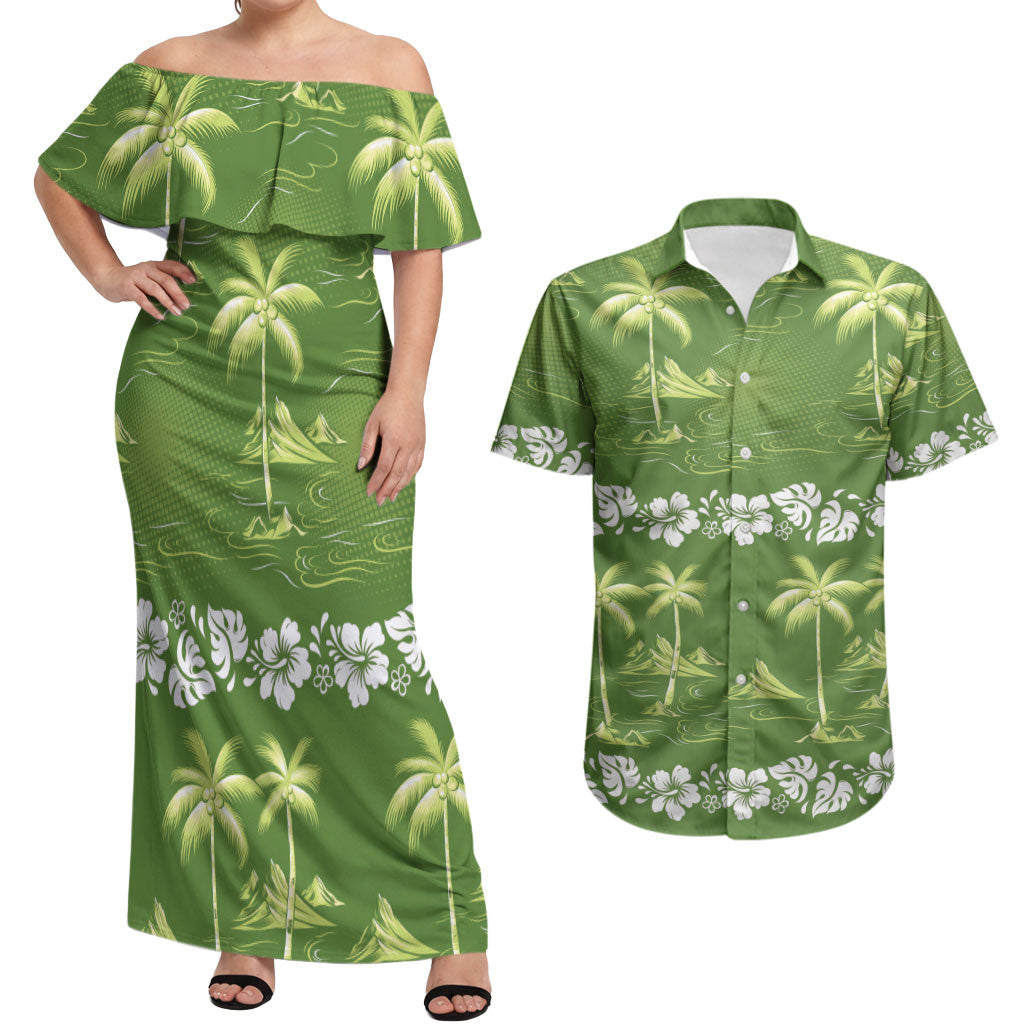 Olive Green Hawaii Palm Tree Hibiscus Couples Matching Off Shoulder Maxi Dress and Hawaiian Shirt Fantasy Summer Vibe LT01 Olive - Polynesian Pride