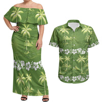 Olive Green Hawaii Palm Tree Hibiscus Couples Matching Off Shoulder Maxi Dress and Hawaiian Shirt Fantasy Summer Vibe LT01 Olive - Polynesian Pride