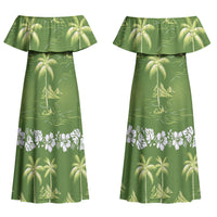 Olive Green Hawaii Palm Tree Hibiscus Couples Matching Off Shoulder Maxi Dress and Hawaiian Shirt Fantasy Summer Vibe LT01 - Polynesian Pride