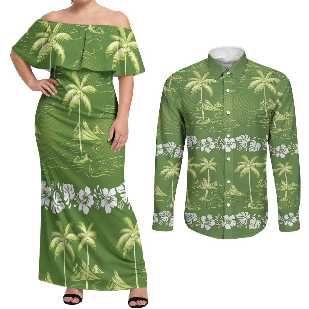 Olive Green Hawaii Palm Tree Hibiscus Couples Matching Off Shoulder Maxi Dress and Long Sleeve Button Shirt Fantasy Summer Vibe LT01 Olive - Polynesian Pride