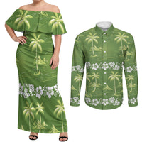 Olive Green Hawaii Palm Tree Hibiscus Couples Matching Off Shoulder Maxi Dress and Long Sleeve Button Shirt Fantasy Summer Vibe LT01 Olive - Polynesian Pride