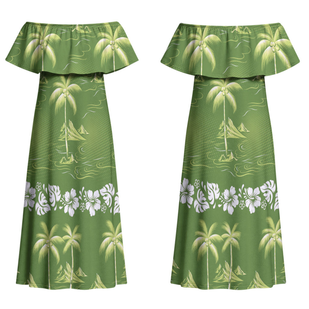 Olive Green Hawaii Palm Tree Hibiscus Couples Matching Off Shoulder Maxi Dress and Long Sleeve Button Shirt Fantasy Summer Vibe LT01 - Polynesian Pride