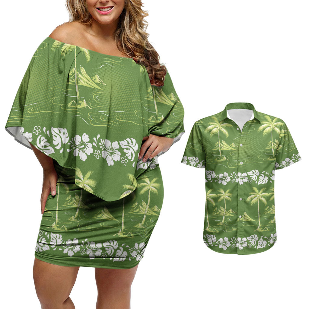 Olive Green Hawaii Palm Tree Hibiscus Couples Matching Off Shoulder Short Dress and Hawaiian Shirt Fantasy Summer Vibe LT01 Olive - Polynesian Pride
