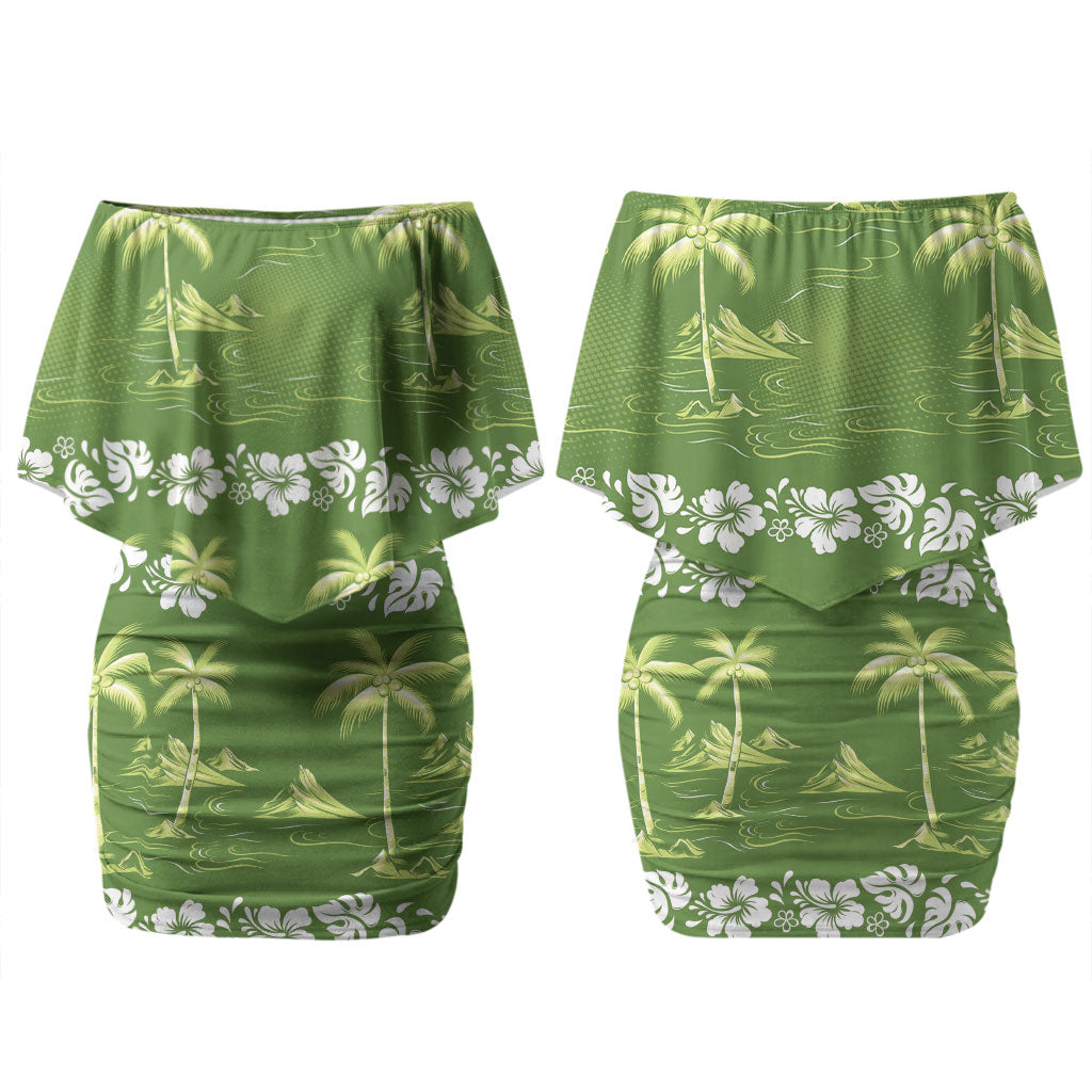 Olive Green Hawaii Palm Tree Hibiscus Couples Matching Off Shoulder Short Dress and Hawaiian Shirt Fantasy Summer Vibe LT01 - Polynesian Pride