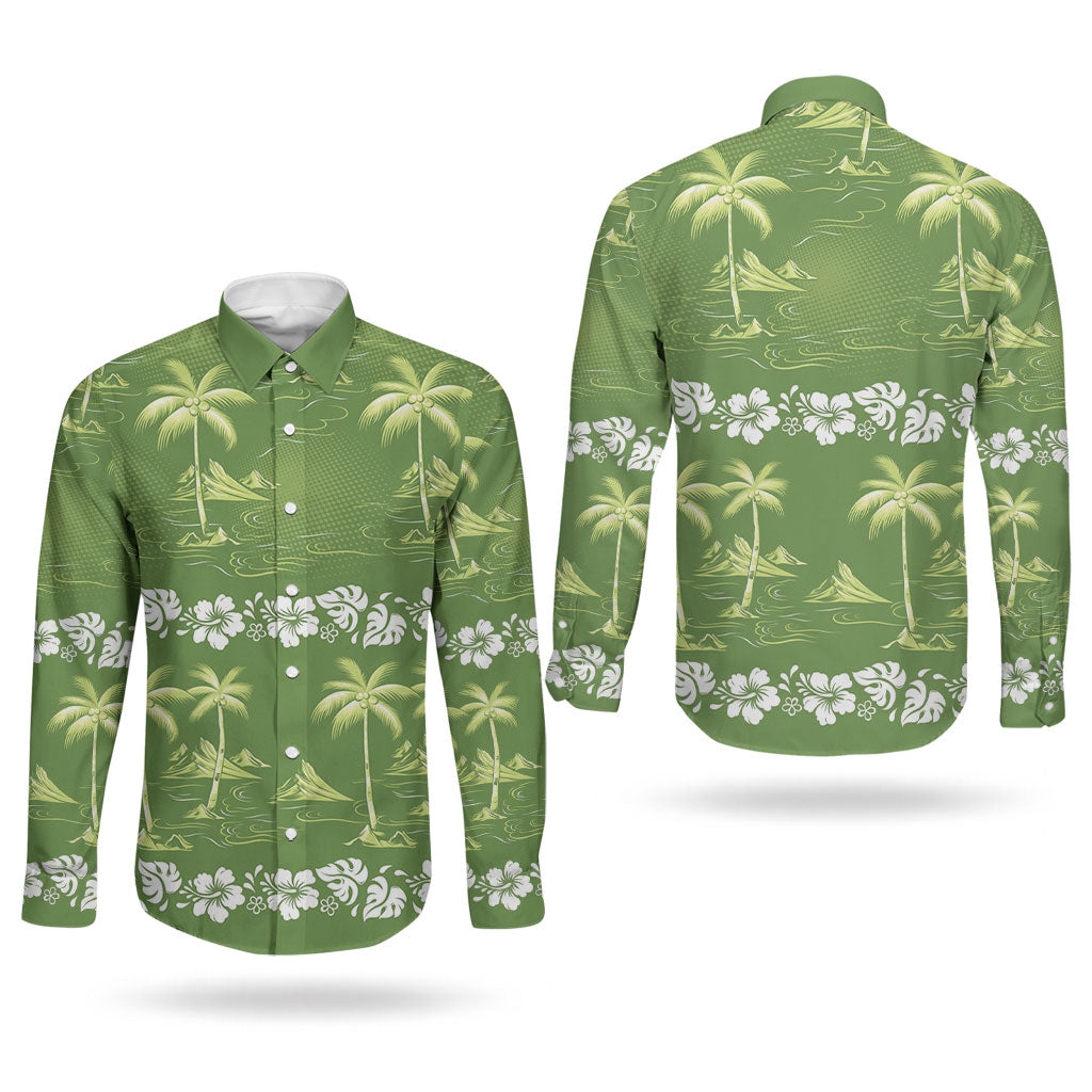Olive Green Hawaii Palm Tree Hibiscus Couples Matching Off Shoulder Short Dress and Long Sleeve Button Shirt Fantasy Summer Vibe LT01 - Polynesian Pride
