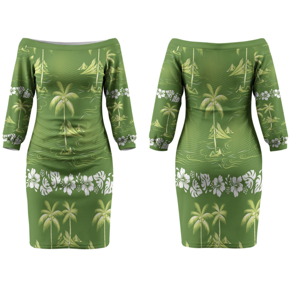 Olive Green Hawaii Palm Tree Hibiscus Couples Matching Off The Shoulder Long Sleeve Dress and Hawaiian Shirt Fantasy Summer Vibe LT01 - Polynesian Pride