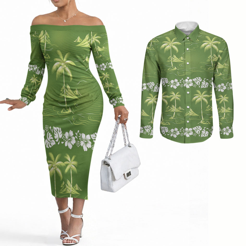 Olive Green Hawaii Palm Tree Hibiscus Couples Matching Off The Shoulder Long Sleeve Dress and Long Sleeve Button Shirt Fantasy Summer Vibe LT01 Olive - Polynesian Pride