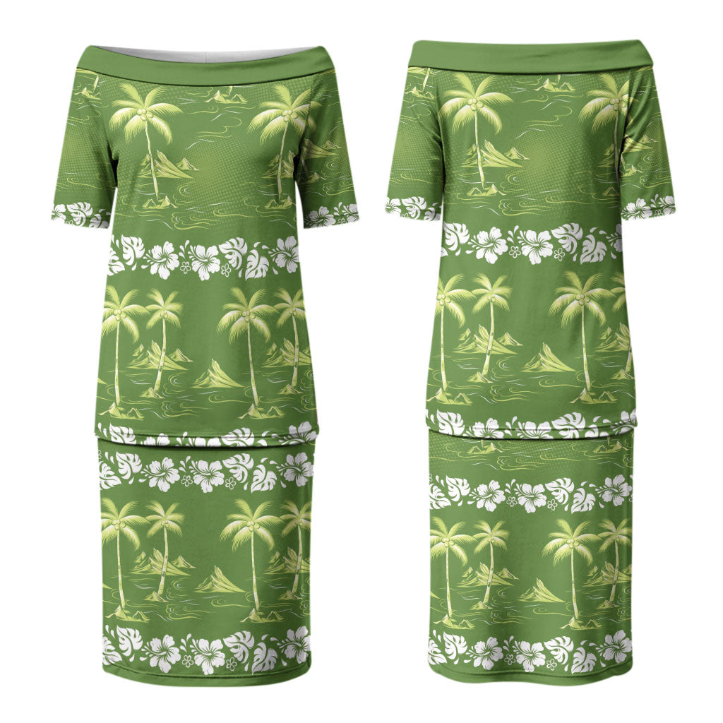 Olive Green Hawaii Palm Tree Hibiscus Couples Matching Puletasi and Long Sleeve Button Shirt Fantasy Summer Vibe