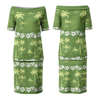 Olive Green Hawaii Palm Tree Hibiscus Couples Matching Puletasi and Long Sleeve Button Shirt Fantasy Summer Vibe