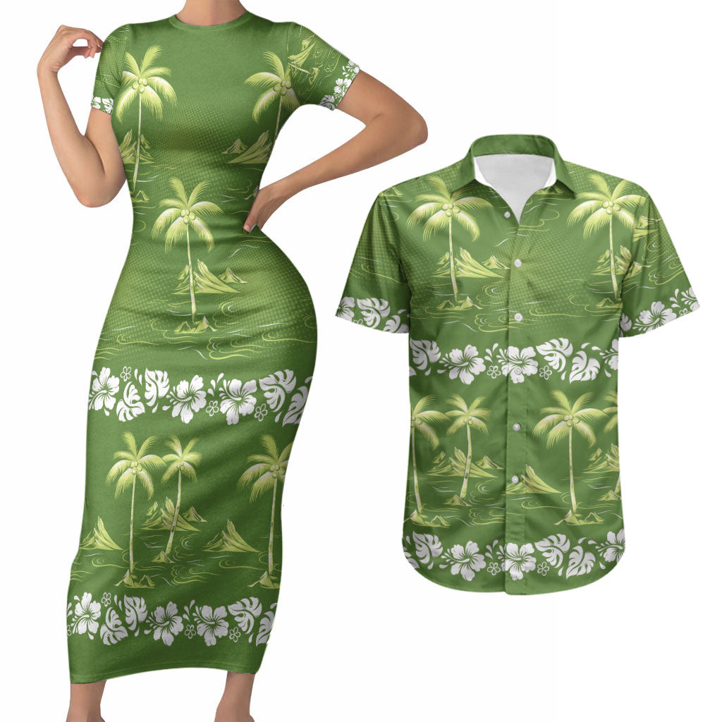 Olive Green Hawaii Palm Tree Hibiscus Couples Matching Short Sleeve Bodycon Dress and Hawaiian Shirt Fantasy Summer Vibe LT01 Olive - Polynesian Pride