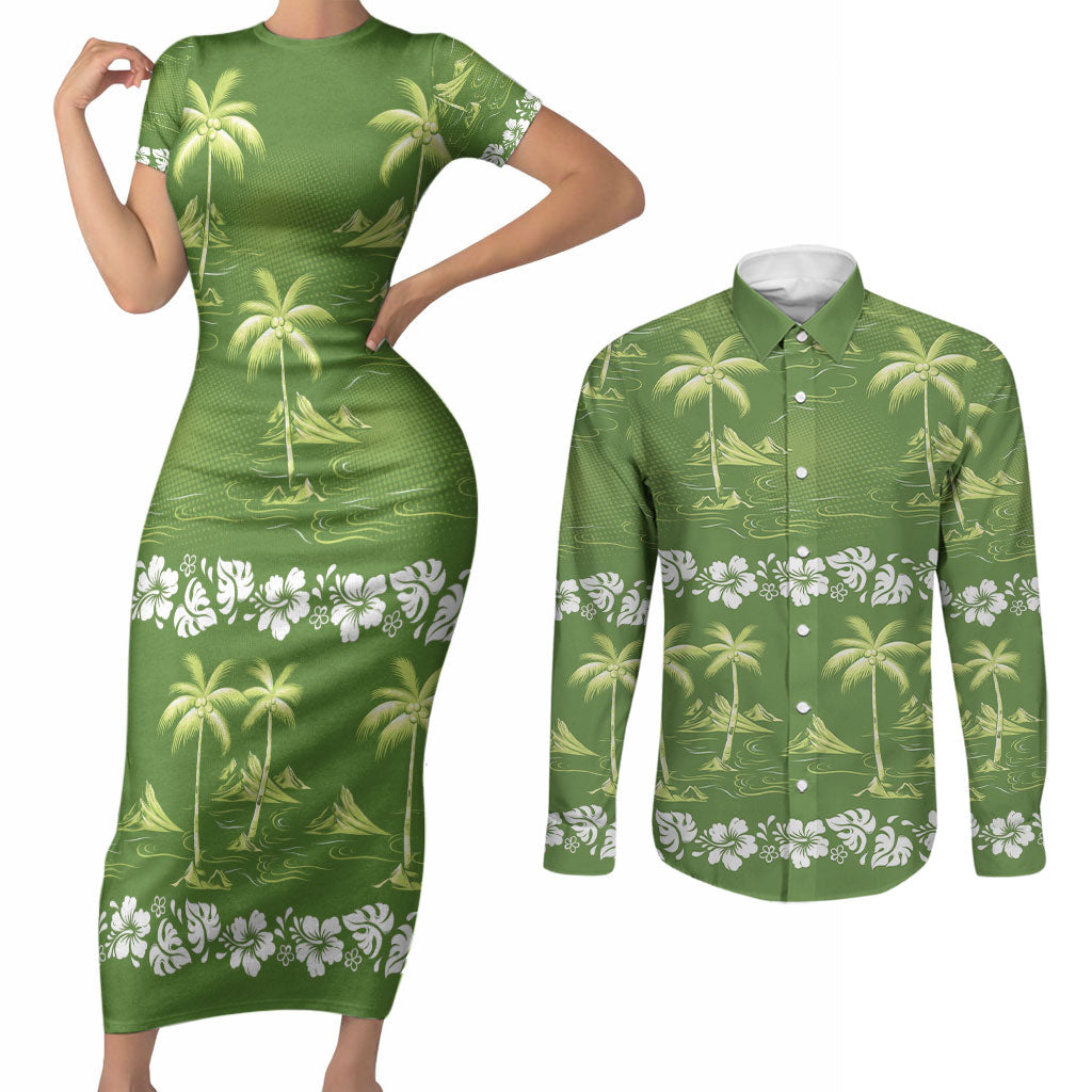 Olive Green Hawaii Palm Tree Hibiscus Couples Matching Short Sleeve Bodycon Dress and Long Sleeve Button Shirt Fantasy Summer Vibe LT01 Olive - Polynesian Pride